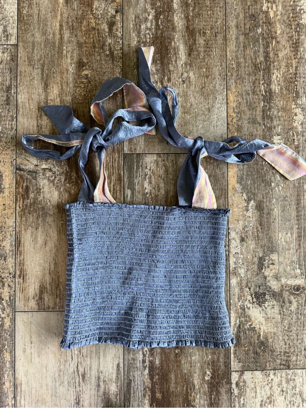 Koch blue chambray smocked Cece top iridescent striped pastel shoulder ties - M